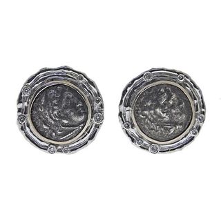 Platinum Silver Diamond Coin Earrings