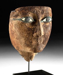 Egyptian Wood Sarcophagus Mask w/ Bronze & Shell Eyes