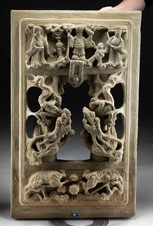 Chinese Ming Stone Window Panel w/ Dragons & Immortals