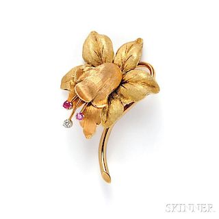 18kt Bicolor Gold Gem-set Flower Brooch
