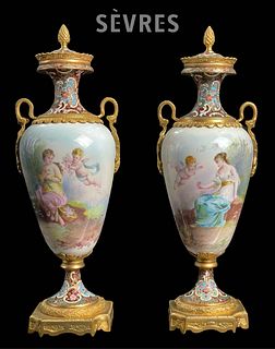 A Pair Of 19th C. French Sevres Hand Painted & Signed Porcelain Bronze Lidded Vases