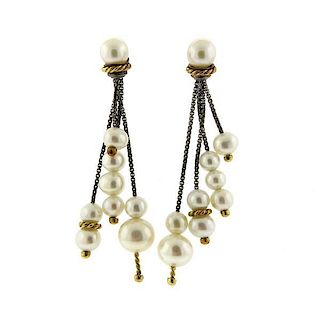 David Yurman 18K Gold Sterling Pearl Dangle Earrings
