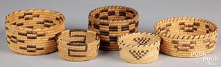 Five Papago Indian straight-walled coiled baskets