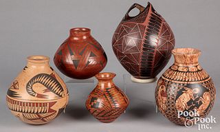 Five Mata Ortiz Indian round-bottomed pottery jars