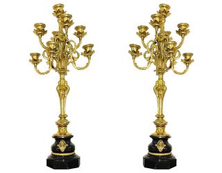 A Pair of Large 19th C French Bronze/Marble Candelabras