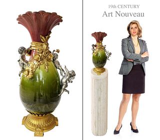 19th C. Art Nouveau Bronze-Dore Mounted Figural Vase