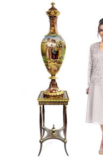Monumental Royal Bonn Hand Painted Covered Vase 48"