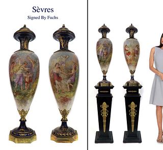 A Pair of 19th C Sevres Hand Painted Urns, Fuchs Signed