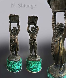 A Pair of Russian Bronze & Malachite Candle-holders