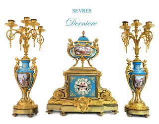 19th C. French Sevres Gilt Ormlu Derniere Clock Set
