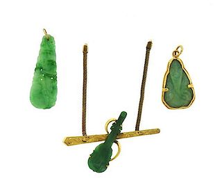 14k and High Karat Gold Carved Jade Jewelry Lot of 3
