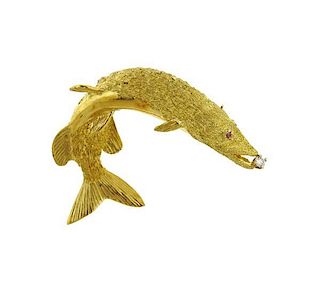 Maurice Guyot 18k Gold Diamond Fish Brooch Pin