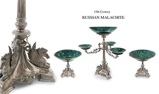 19th C. Malachite Figural Silver Plated Centerpiece Set