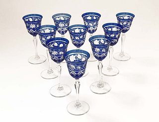 Set of 10 Bohemian Blue Cobalt Crystal Glasses