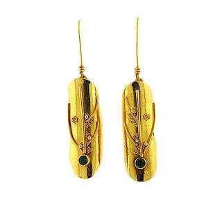 22k Gold Green Stone Drop Long Earrings