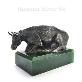 Russian Silver 84 Figurine Cow on Jade