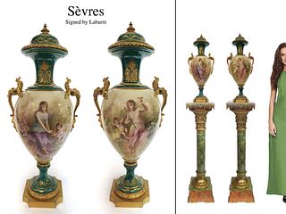 PAIR OF 19TH C ORMOLU-MOUNTED SEVRES GREEN LIDDED VASES