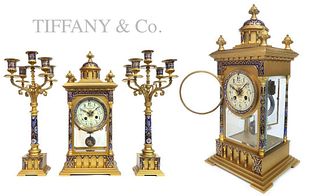 19th C. Tiffany & Co Champleve Enamel Clock Set