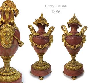A Pair of Henry Dasson Figural Bronze Rouge Marble Urns
