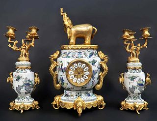 19th C. French Japonisme Bronze & Porcelain Clock Set