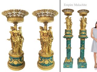 Pair of Monumental Empire Bronze/Malachite Centerpieces