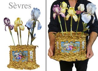 19th C. Sevres Bronze Jardiniere With Porcelain Flowers
