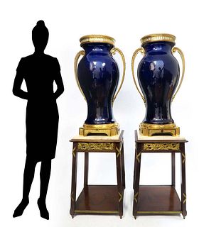 Monumental Pair of French Bronze Mounted Sevres Vases