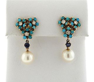 Antique 14K Gold Turquoise Diamond Sapphire Pearl Earrings