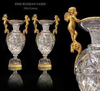 A PAIR OF RUSSIAN BRONZE CUT CRYSTAL VASES. 19TH C.