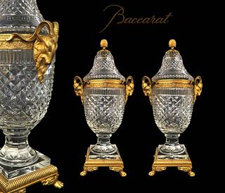 Fine 19th C Pair of French Baccarat Crystal Bronze Urns