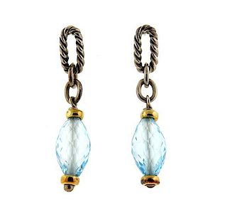 David Yurman 18K Gold Sterling Blue Topaz Dangle Earrings
