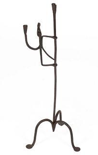 WROUGHT-IRON FLOOR / TABLE-TOP ADJUSTABLE COMBINATION RUSHLIGHT / CANDLE HOLDER,