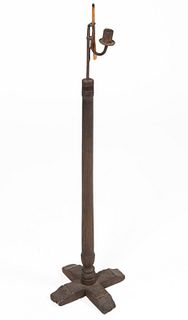 WROUGHT-IRON AND WOOD STAND COMBINATION RUSHLIGHT / CANDLE HOLDER,