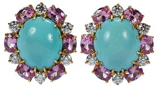 A La Pagode 18kt. Turquoise Pink Sapphire Diamonds Earrings