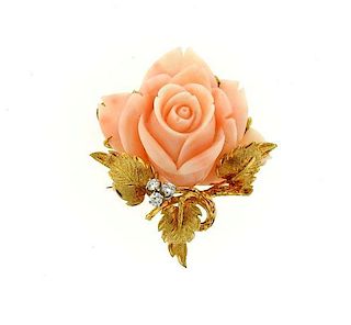 18k Gold Carved Coral Diamond Rose Brooch