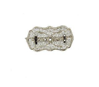 Art Deco Filigree 14k Gold Diamond Onyx Brooch