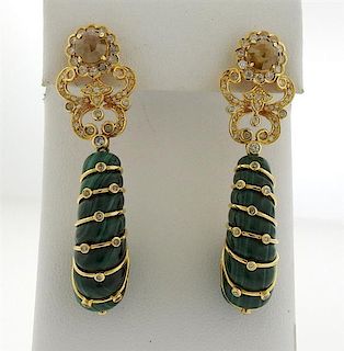 Bochic 18k Gold Carved Malachite Diamond Drop Earrings