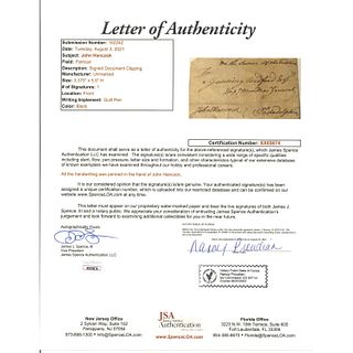 John Hancock signed Inscribed Cut (JSA LOA) 
