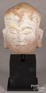 Chinese carved stone Buddha head, with stand