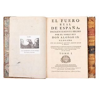 Alonso IX. El Fuero Real de España, Diligentemente Hecho. Glosado por el Doctor Alonso Díaz de Montalvo. Madrid: 1781. Piezas: 2.