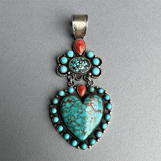 Sterling Silver and Turquoise Pendant with Coral Signed