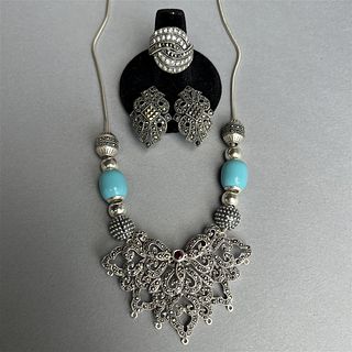 Sterling Silver  Marcasite Necklace Ring and Earrings