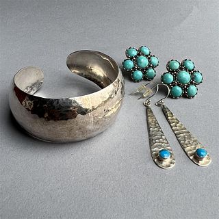Sterling Hammered Cuff & 2 Pairs of Earrings