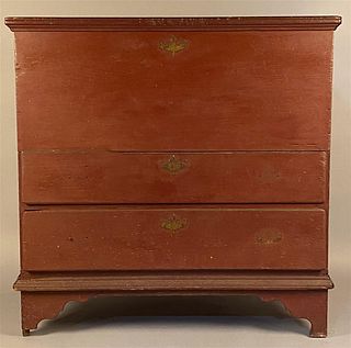 18th c Queen Anne Two Drawer Blanket Chest Red Paint