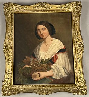 Portrait of Peasant Girl Holding Basket of Fruit