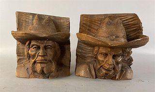 Pair of Carved Wooden Heads Possibly Bookends