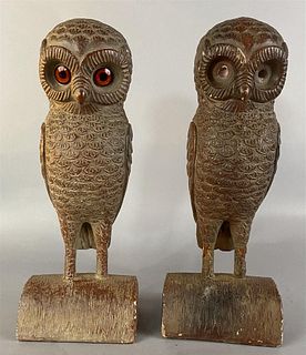 Pair of Owl Statues Painted Plaster