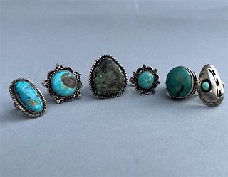 Lot of Six Sterling Silver and Turquoise Rings