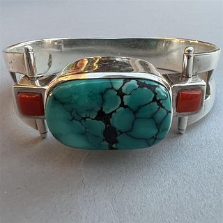Sterling Silver Cuff Bracelet w/ Turquoise & Red Coral