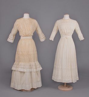 TWO EMBROIDERED COTTON TEA DRESSES, 1910s